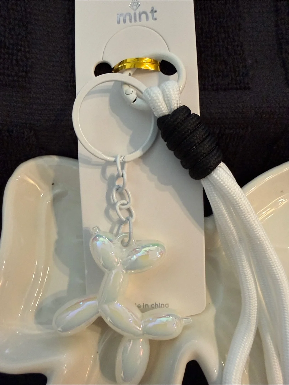 Mint White Balloon Dog Keychain Lanyard with Gold Ring